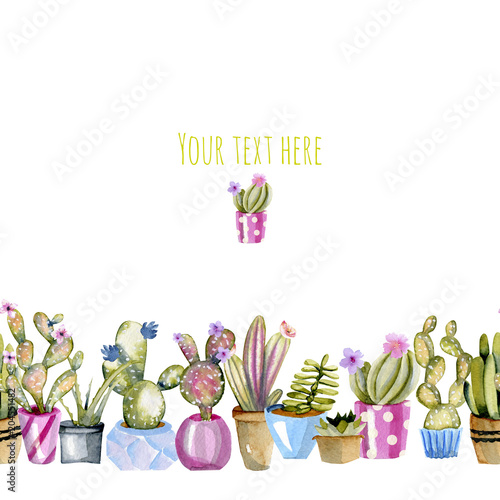 Card template with watercolor cactuses in a pots background, hand painted on a white background