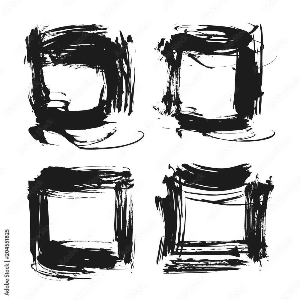 Fototapeta premium Black abstract textured square frames from thick smears isolated on a white background