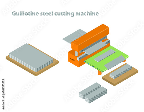 Guillotine steel cutting machine in factory, metal sheet industry