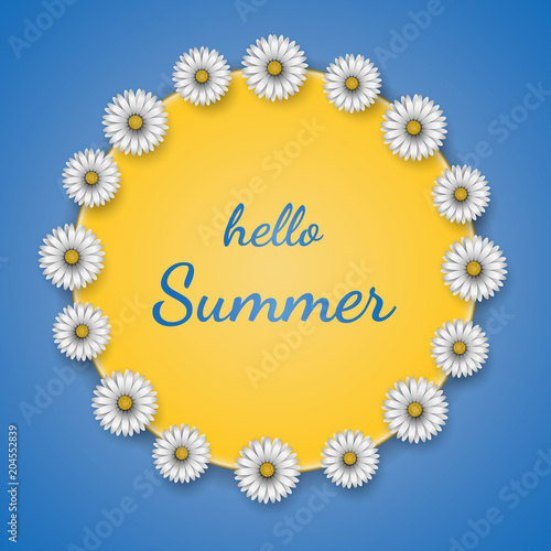 frame with floral daisies design and text hello summer on blue background. vector illustration