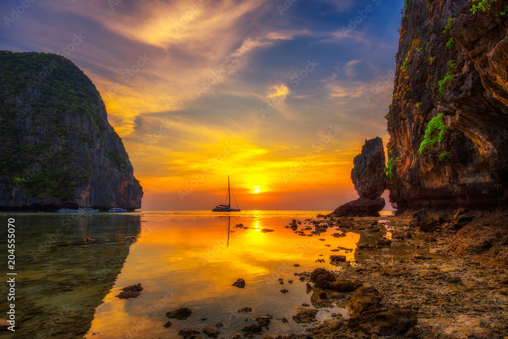 Sunset at the Maya beach on Koh Phi Phi island in Thailand