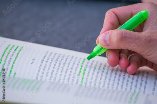 Green Highlight Highlighter Held By Girl Woman Hand School Study Book Marking