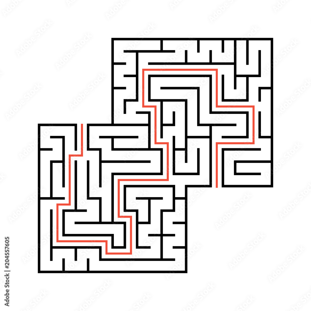 Abstract square maze with entrance and exit. Simple flat vector illustration isolated on white background. With a place for your drawings. With the answer. Abstract square maze with entrance and exit. Simple flat vector illustration isolated on white background. With a place for your drawings. With the answer.