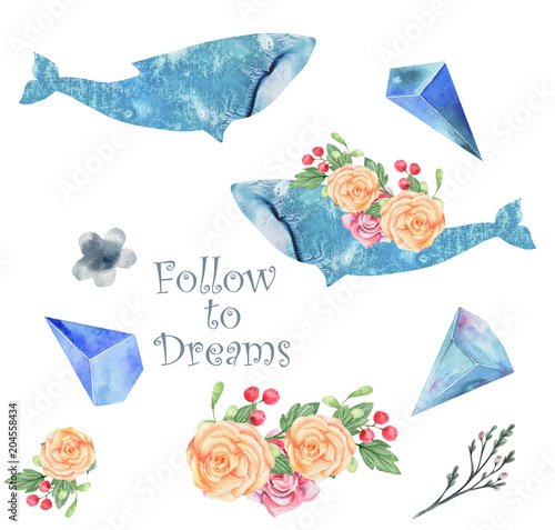 Whale watercolor fantasy whale Flowers and Crytstal Follow to Dream flying blue ocean Bounquet character drawing illustration geometric clip art for birthday party print celebration white background photo