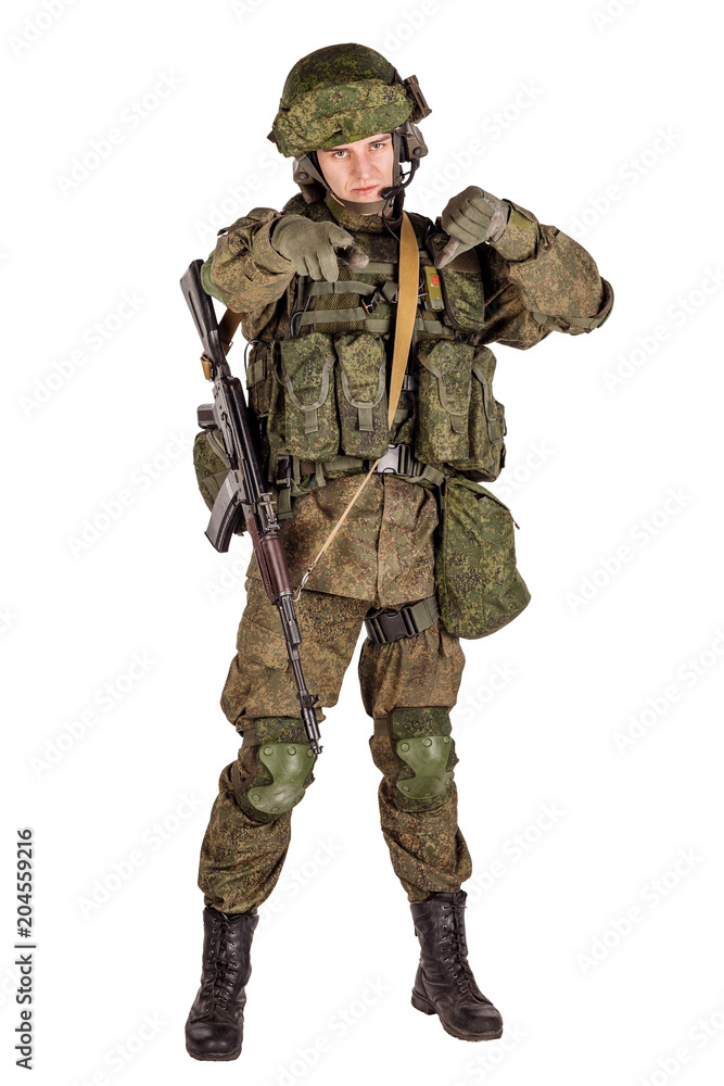 russian special forces soldier with rifle on dark background. army, military and people concept russian special forces soldier with rifle on dark background. army, military and people concept