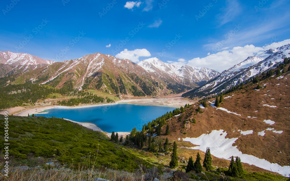 Tien Shan mountains, mountain lake, peaks, Big Almaty Lake, Kazakhstan