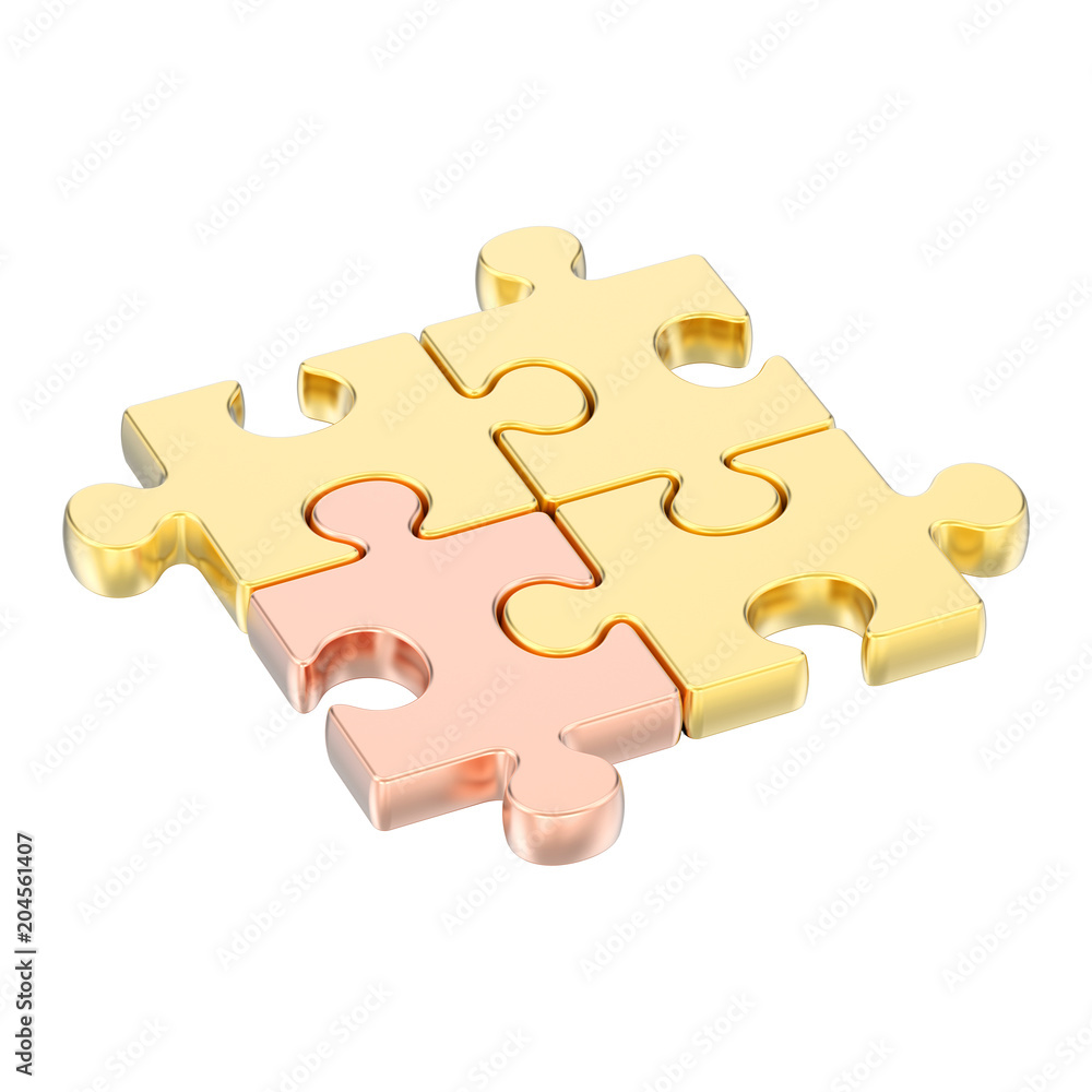 3D illustration isolated group of different gold puzzles 3D illustration isolated group of different gold puzzles