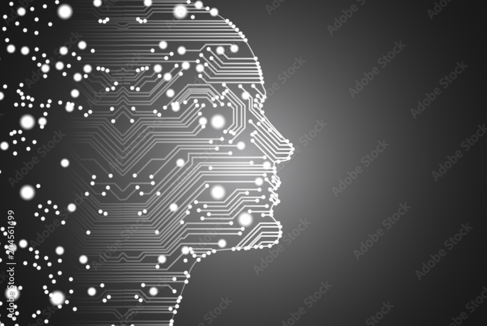 Big data and artificial intelligence concept. Machine learning and cyber mind domination concept in form of men face outline outline with circuit board and binary data flow on silver background.