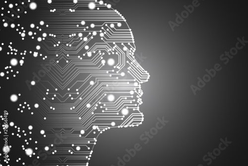 Big data and artificial intelligence concept. Machine learning and cyber mind domination concept in form of men face outline outline with circuit board and binary data flow on silver background.