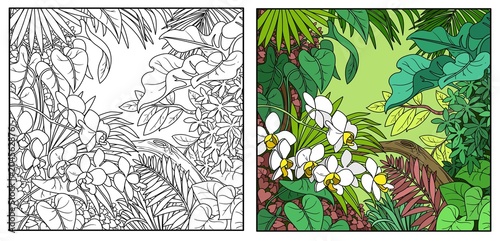Wild jungle color and black contour line drawing for coloring on a white background