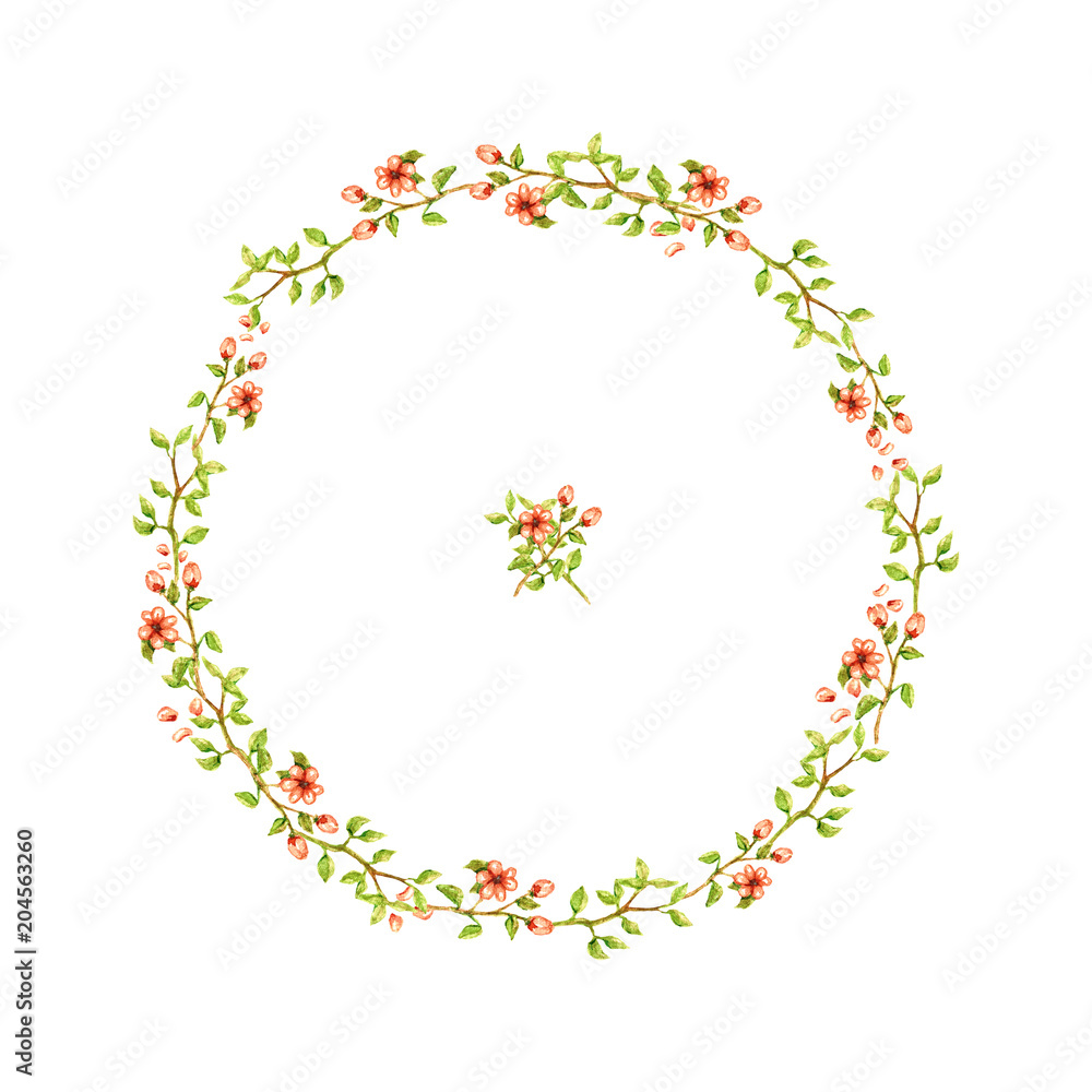 watercolor wreath of thin branches with leaves and tender light peach flowers with petals beauty beautiful isolated on white background