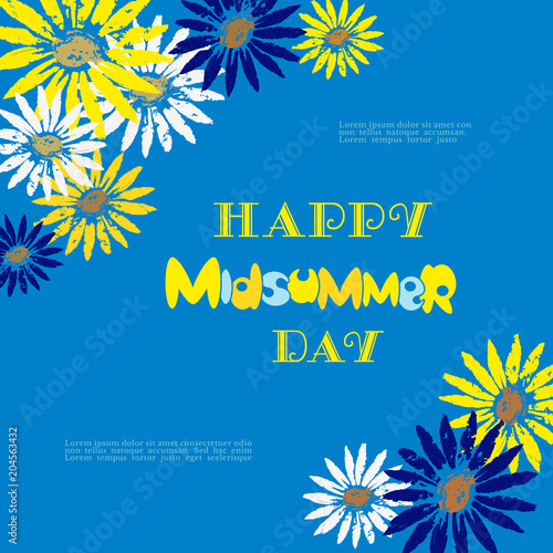 Happy Midsummer greeting poster. Fancy hand drawn lettering. Colorful flowers on blue sky background. Template for Sweden longest summer day holiday banner festive tradition party. Vector illustration