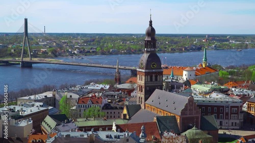 Riga skyline, Latvia. Aerial view of Riga. Panorama View at Riga from the tower of Saint Peter's Church, Latvia. photo