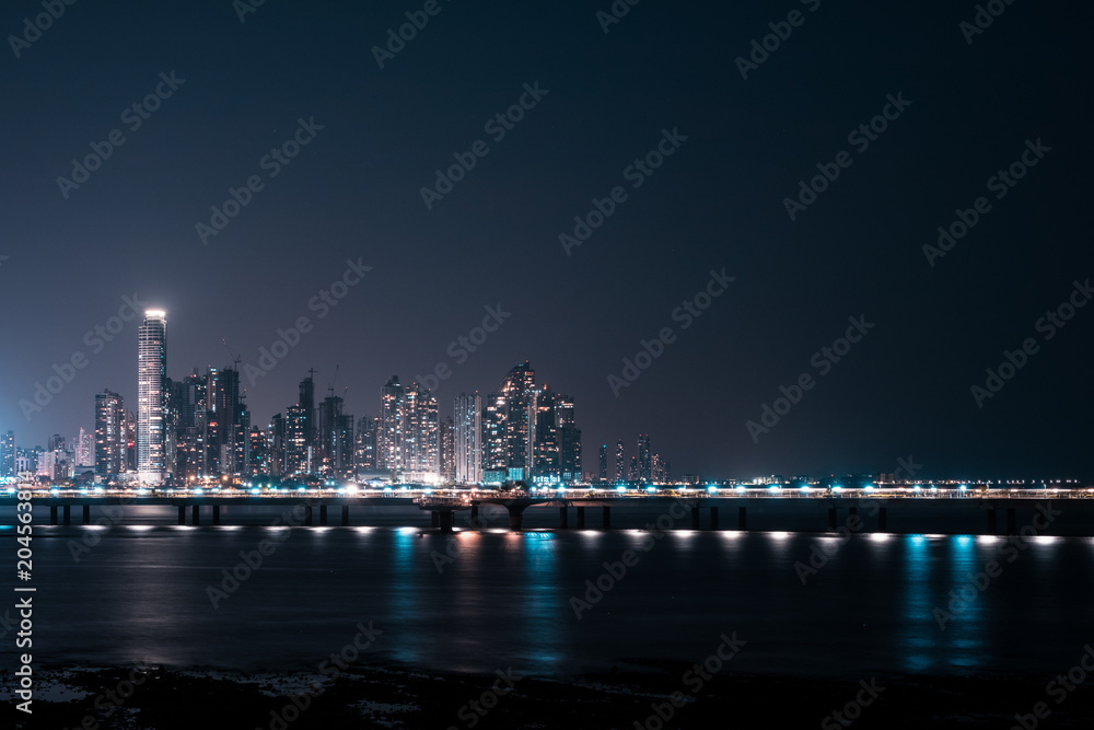modern skyline at night - skyscraper cityscape, Panama City -