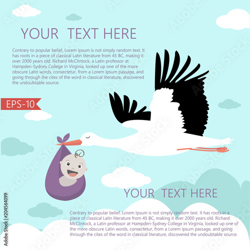  Vector Illustration with fairy tale landscape, Stork and a baby.Template.