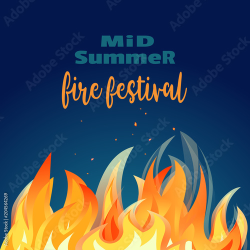Midsummer holiday fire festival poster. Bonfire night. Colorful cartoon flame sign. Burning flaming campfire. Fireplace in summer camp party banner template, flyer background. Vector illustration