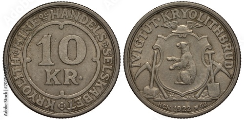 Fotografie Greenland coin ten krona 1922, local issue for town of Ivigtut, cryolite mines,