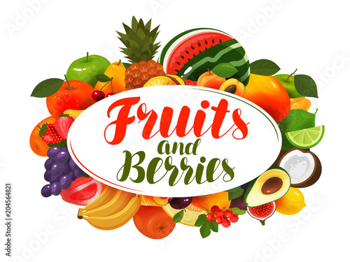 Fruits and berries, banner. Natural food, greengrocery concept. Vector illustration