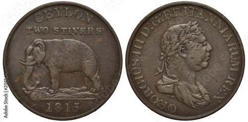 British Ceylon (Sri Lanka) coin two stivers 1815, elephant, bust of King George III, laureate head, bronze, colonial times,