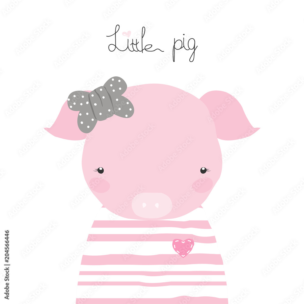Cute little pig with bow and lettering. Vector hand drawn illustration. Cute little pig with bow and lettering. Vector hand drawn illustration.