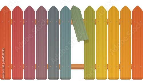 Gap in the fence - colored picket fence with broken plank and loophole to slip through, escape, flee, take off, break free, slip away, sidle off - isolated vector illustration on white background.