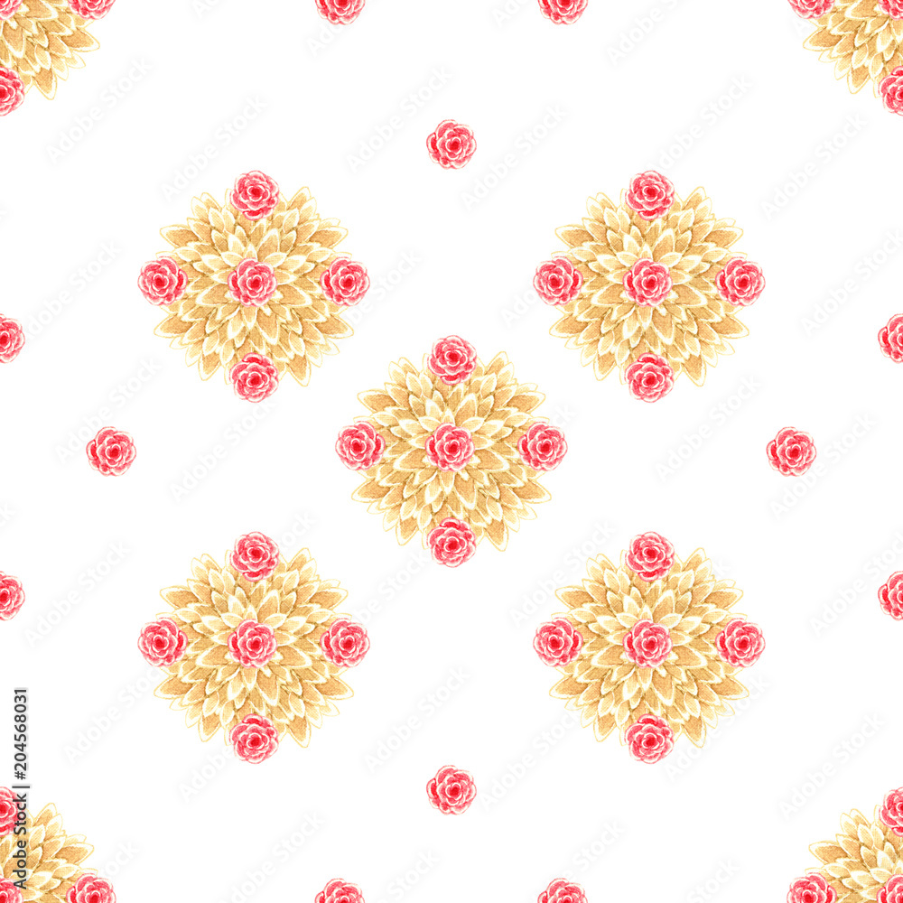 Beautiful diamond yellow ocher brown leaves geometric bush with red royal scarlet and roses on a white background watercolor seamless pattern texture background.