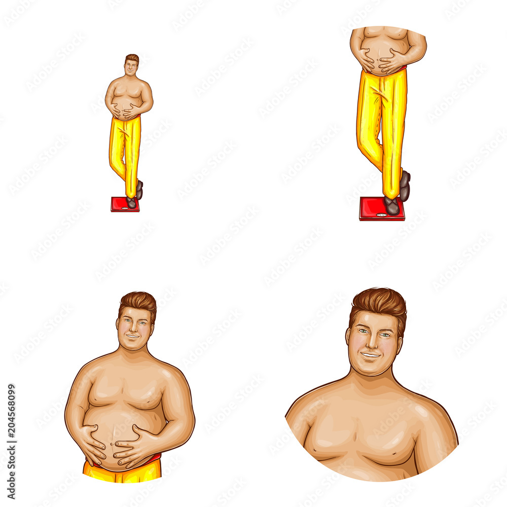 Big Fat White Naked - Vector avatar of pop art naked fat man on a floor scales. Networking  element of obese handsome character with big belly. Fatty nude chest human  isolated in white circle Stock Vector |