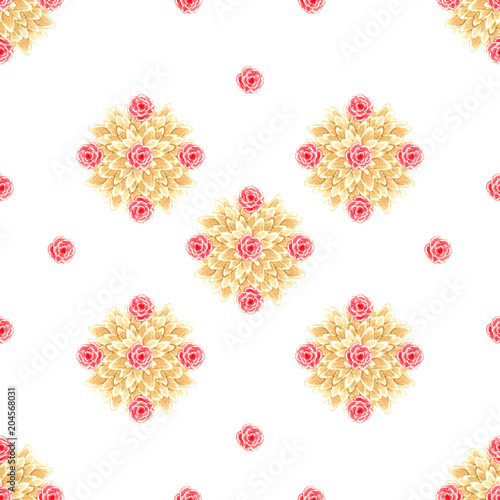 Beautiful diamond yellow ocher brown leaves geometric bush with red royal scarlet and roses on a white background watercolor seamless pattern texture background.
