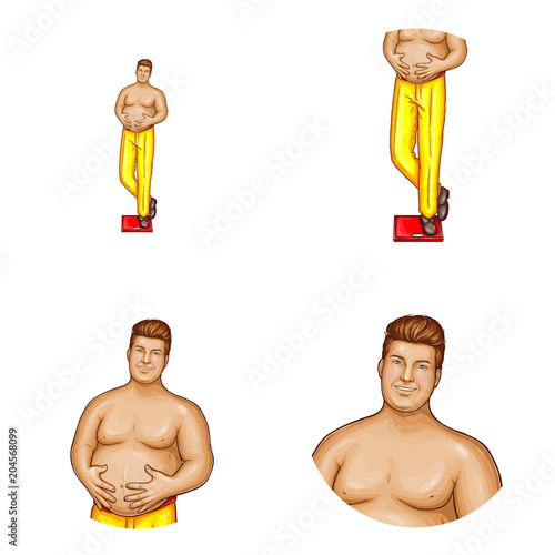 Vector avatar of pop art naked fat man on a floor scales. Networking element of obese handsome character with big belly. Fatty nude chest human isolated in white circle