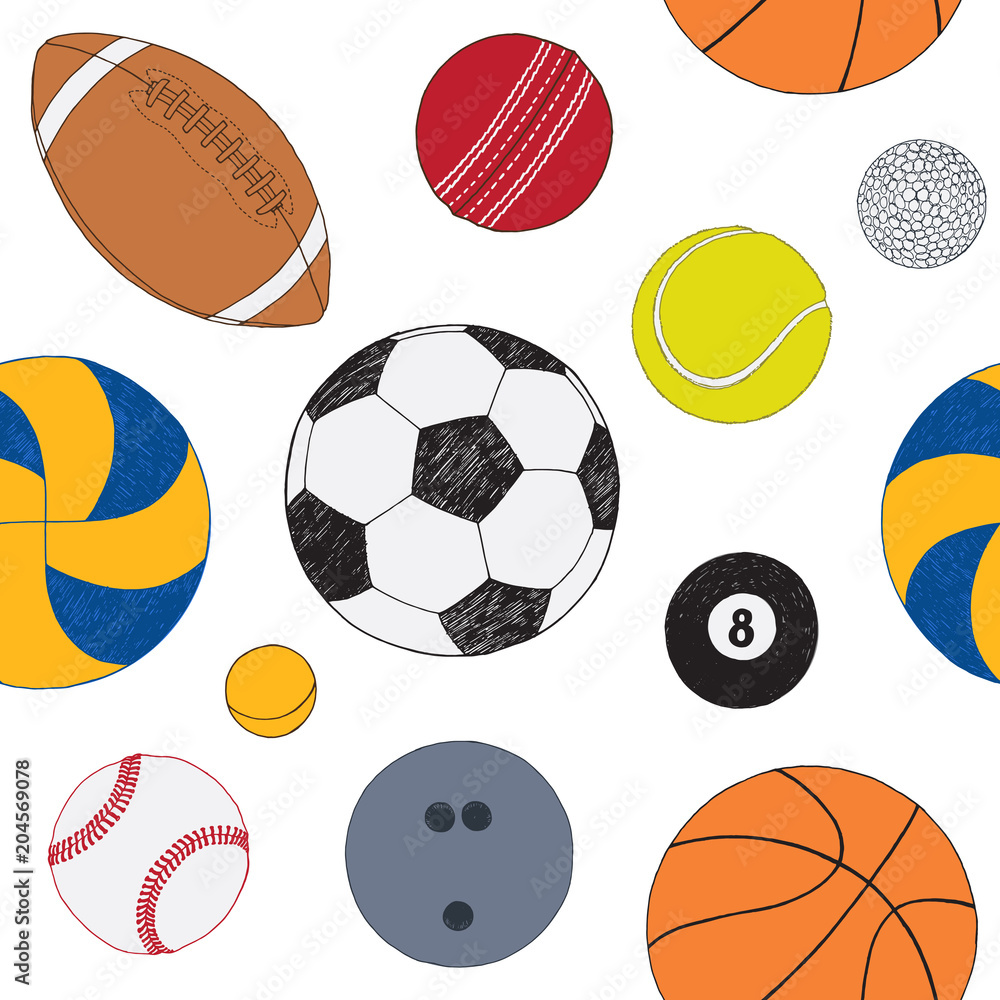 Seamless pattern with set of sport balls. Hand drawn colored vector sketch. White background. Pattern included