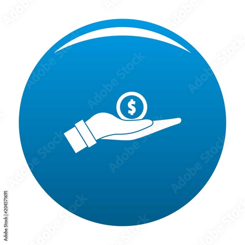 Coin in hand icon. Simple illustration of coin in hand vector icon for any design blue