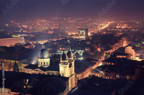Twilight view of western european city Lviv, architecture background in violet colors