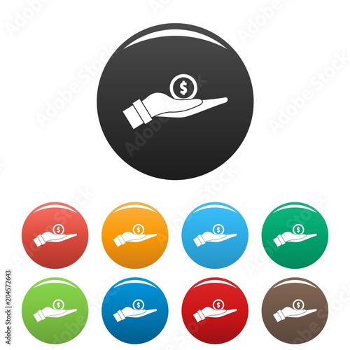 Coin in hand icon. Simple illustration of coin in hand vector icons set color isolated on white