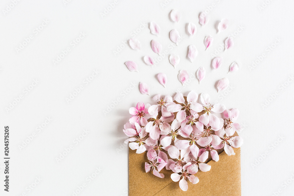 opened craft paper envelope full of spring blossom sacura flowers on white background. top view. concept of love. Flat lay.