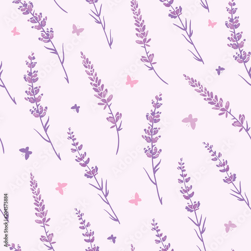 Lavender field repeat pattern background. Beautiful violet lavender retro bac...