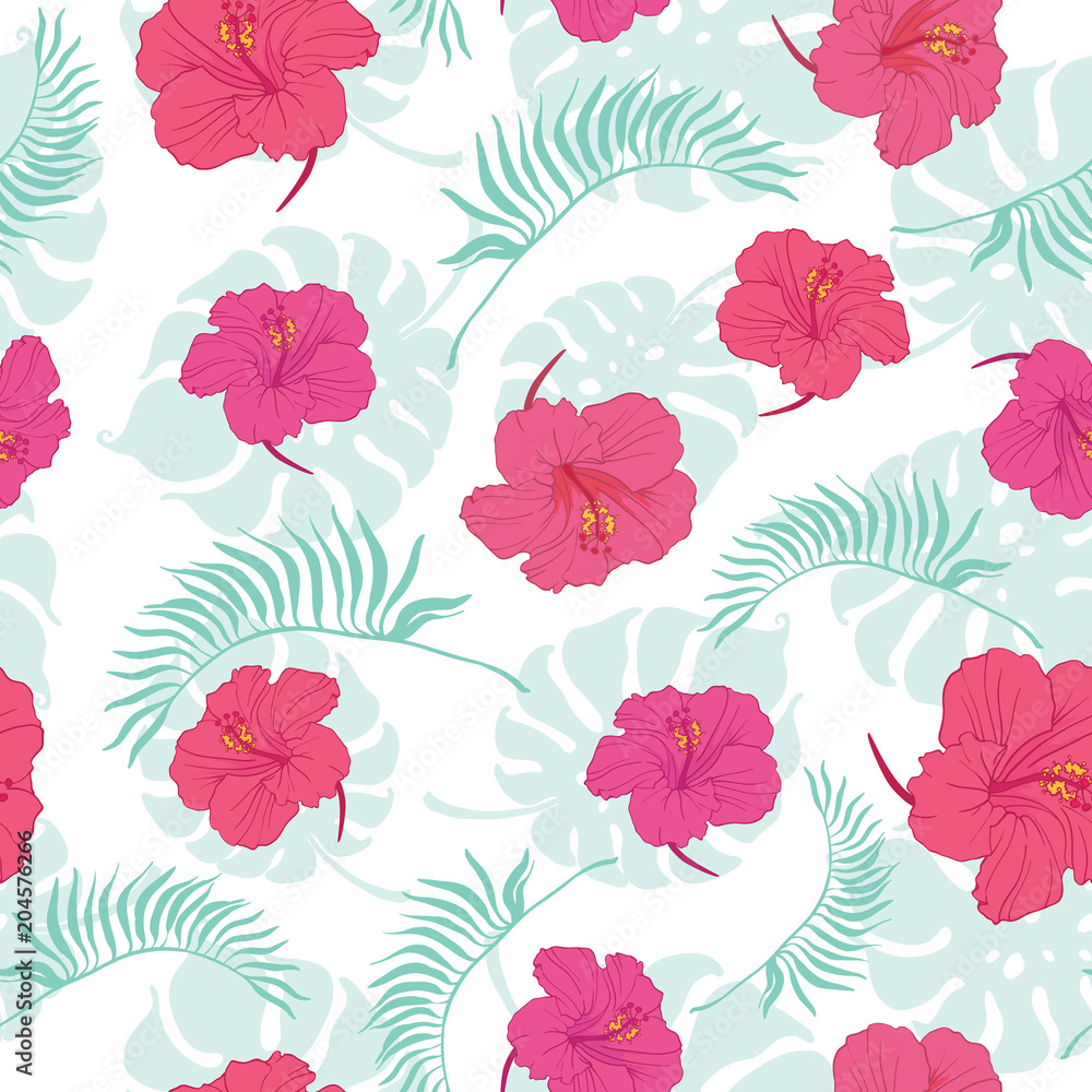Tropical hibiscus flowers seamless repeat pattern. Great for summer exotic wallpaper, backgrounds, packaging, fabric, and giftwrap projects. Surface pattern design. Tropical hibiscus flowers seamless repeat pattern. Great for summer exotic wallpaper, backgrounds, packaging, fabric, and giftwrap projects. Surface pattern design.