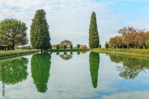 Italy, Central Italy, Lazio, Tivoli. Hadrian's Villa. Villa Adriana. UNESCO world heritage site. View across The Pecile. Euripus, the central pool. photo