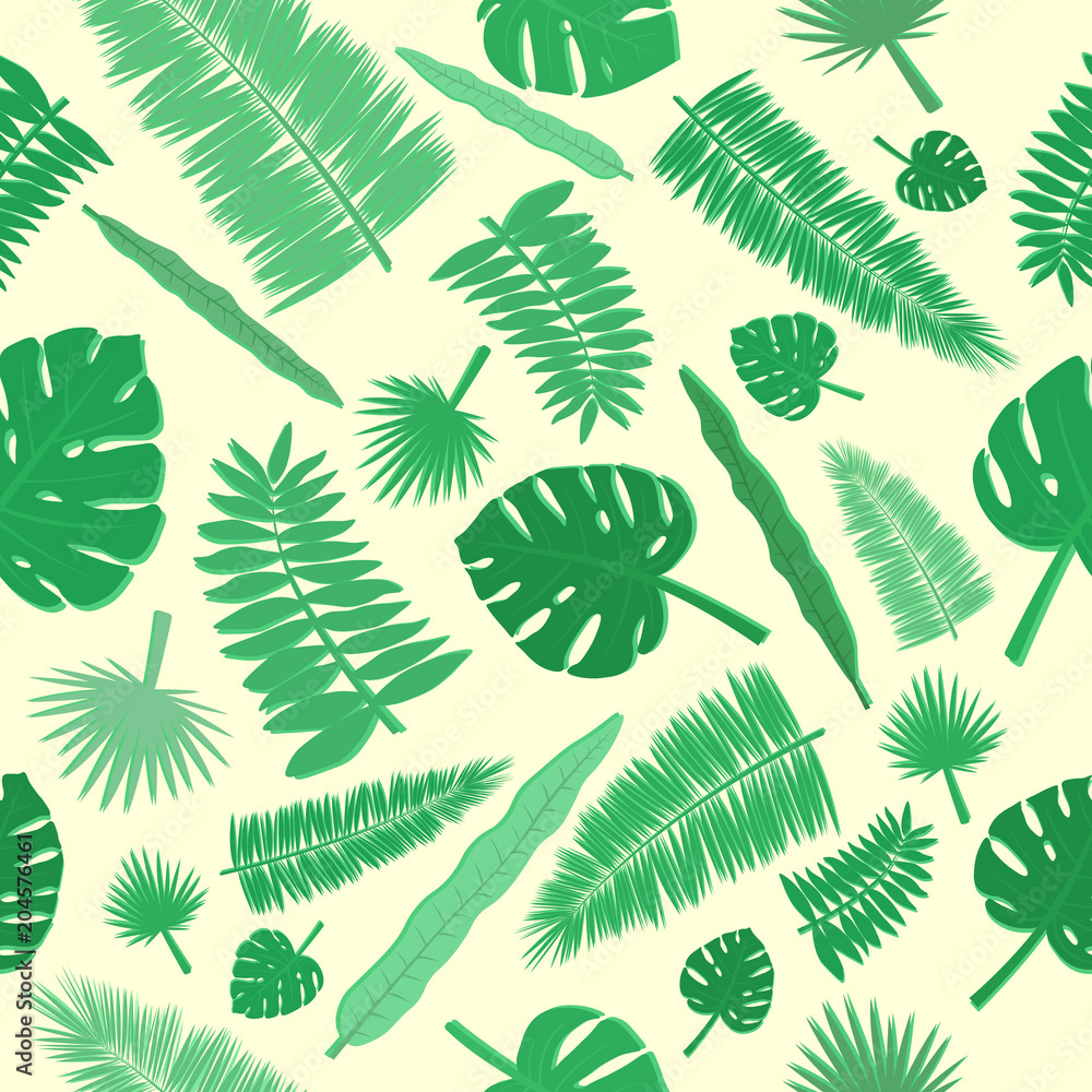 Illustration of a tropical leaves on a yellow background. Vector seamless pattern. Tropical illustration.