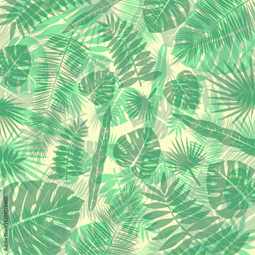 Fototapeta Naklejka Na Ścianę i Meble -  Vector image of a background of tropical leaves in green and yellow shades. Botanical illustration.