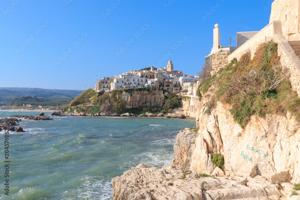 Italy, Foggia, Apulia, SE Italy, Gargano National Park, old town Vieste. White-washed stone houses and church steeples. Coastline.