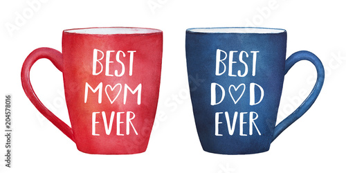 Illustration set of two lovely mugs, red and blue colors, with text words: 