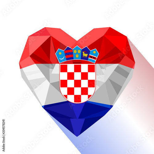 Vector crystal gem jewelry Croatian heart with the flag of the Republic of Croatia. Flat style logo symbol of love Croatia. Southeastern Europe.