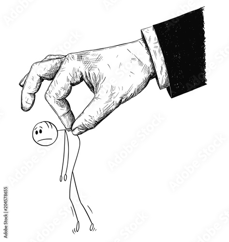 Cartoon stick man drawing conceptual illustration of businessman moved or manipulated by giant hand, possibly boss, manager or politician. Concept of manipulation, dominance and supremacy.