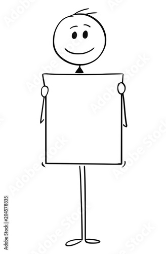 Cartoon stick man drawing conceptual illustration of smiling businessman holding empty or blank sign.