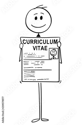 Cartoon stick man drawing conceptual illustration of businessman job seeker applicant holding curriculum vitae or cv or resume. Business concept of career start and job seeking.