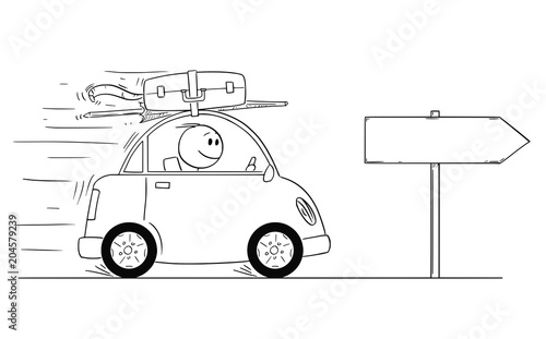 Cartoon stick man drawing conceptual illustration of smiling man in small car going on holiday or vacation. Empty sign for your text.
