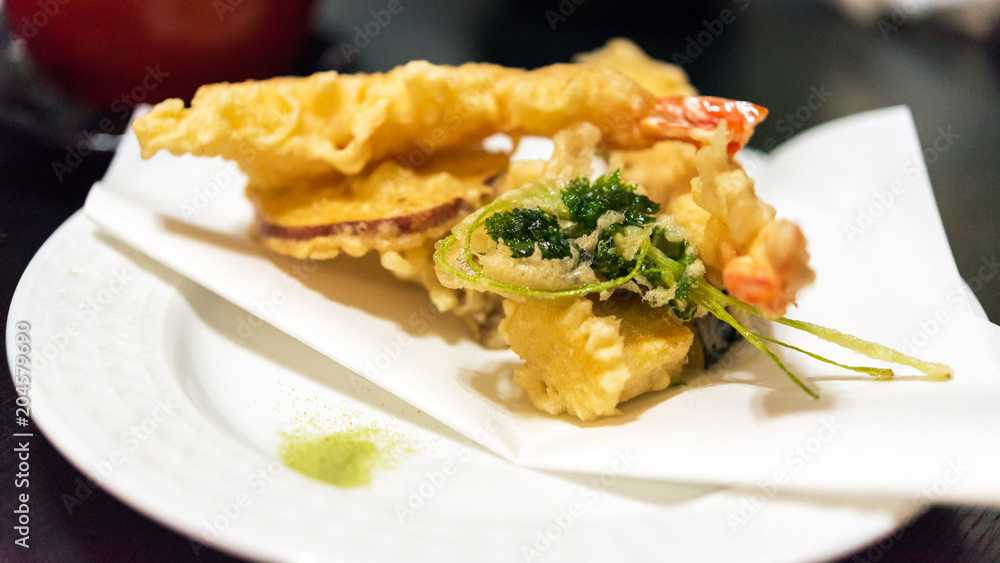 Japanese Cuisine - Tempura Shrimps, Tokyo, Japan. Close-up.