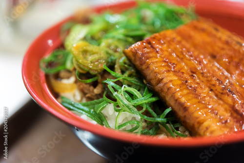 Fototapeta Naklejka Na Ścianę i Meble -  Bowl of rice and stew - Japanese cuisine, Tokyo, Japan. Close-up.