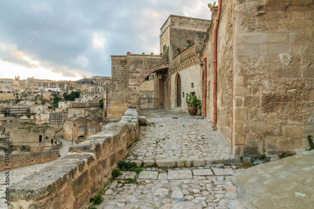 Italy, Southern Italy, Region of Basilicata, Province of Matera, Matera. Small cobblestone streets and stairways of the town. Overview.