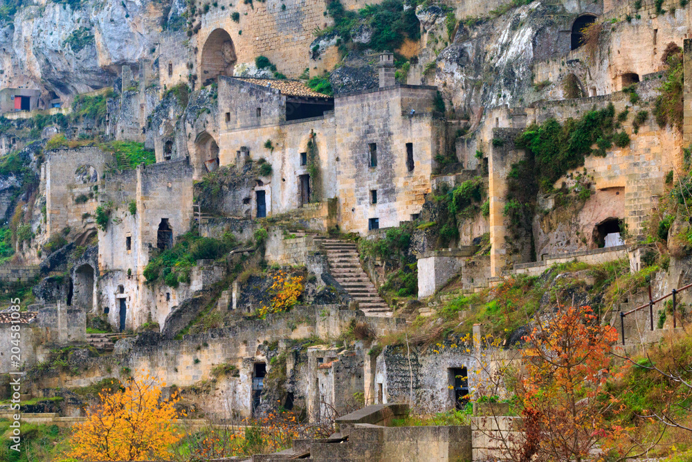 Italy, Southern Italy, Region of Basilicata,  canyon carved out by the Gravina. uninhabited caves in Sasso Caveoso.